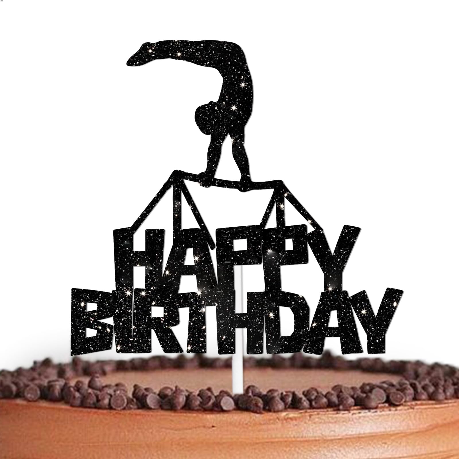 Black Glitter Gymnast Happy Birthday Cake Topper Cheer to Gymnastics Sport Theme Decorations Men Women Happy Birthday Decor Supplies