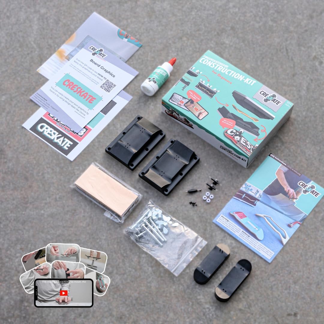 DIY Fingerboard Construction Kit for Beginners – Includes Standard Shape Mold, Fingerboard Shaper, 15 Maple Wood Plies, Trucks & Wheels, Glue, Grip Tape, Step-by-Step Video & Booklet