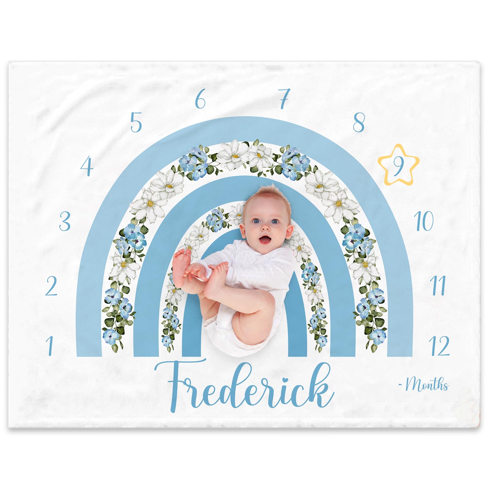 NIBESSER Custom Baby Monthly Milestone Blanket - Flannel, Throw Blanket, 100 cm x 75 cm, Blue, Baby, Toddler