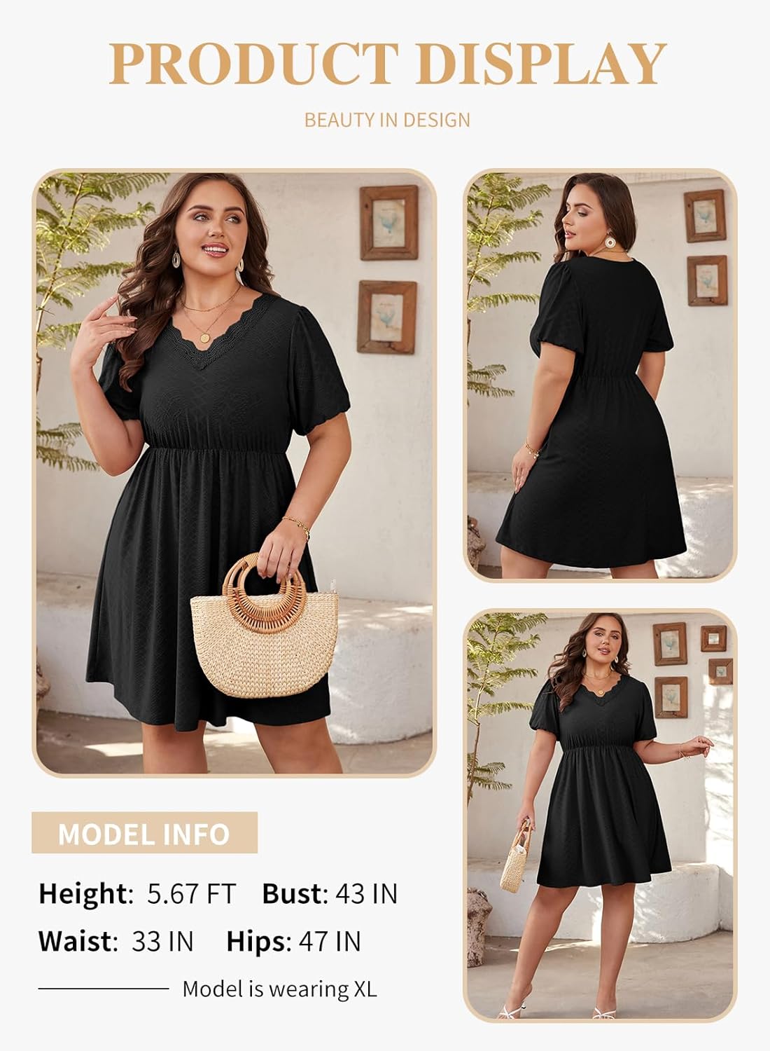 Eytino Plus Size Dresses for Curvy Women Summer Short Sleeve Lace V Neck Knitted Jacquard Swing A Line Dress(1X-5X) - Image 3