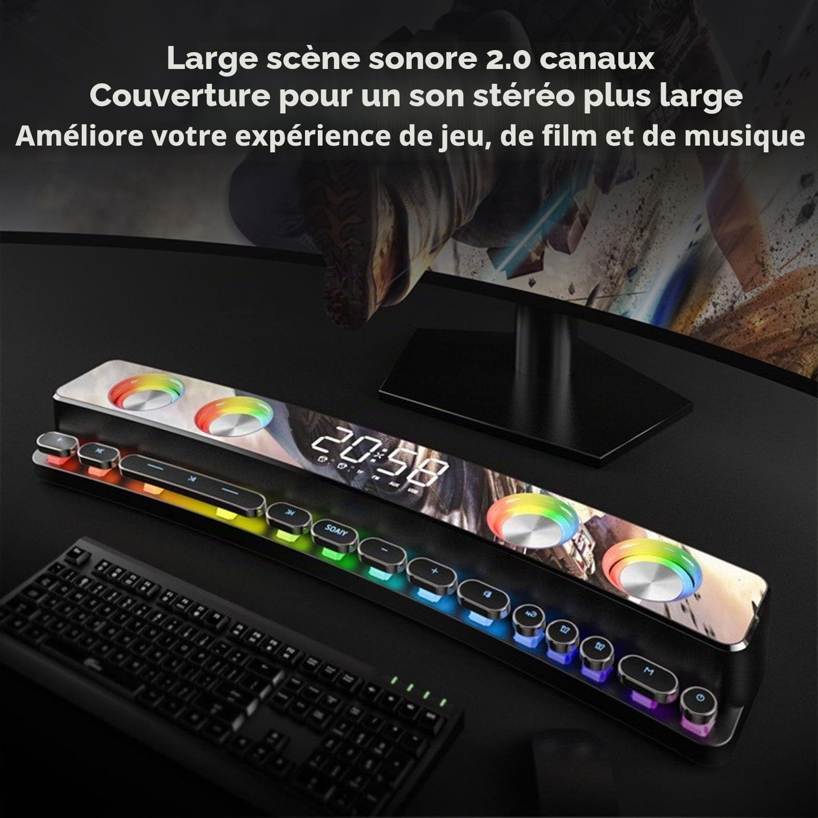 Haut-Parleur d'ordinateur - Bluetooth 5.0 Hi-FI Stereo Haut-Parleur PC Gaming, Haut-Parleur Subwoofer RGB Multifonctionnel avec 13 Boutons mécaniques, E-Display (Blanc)