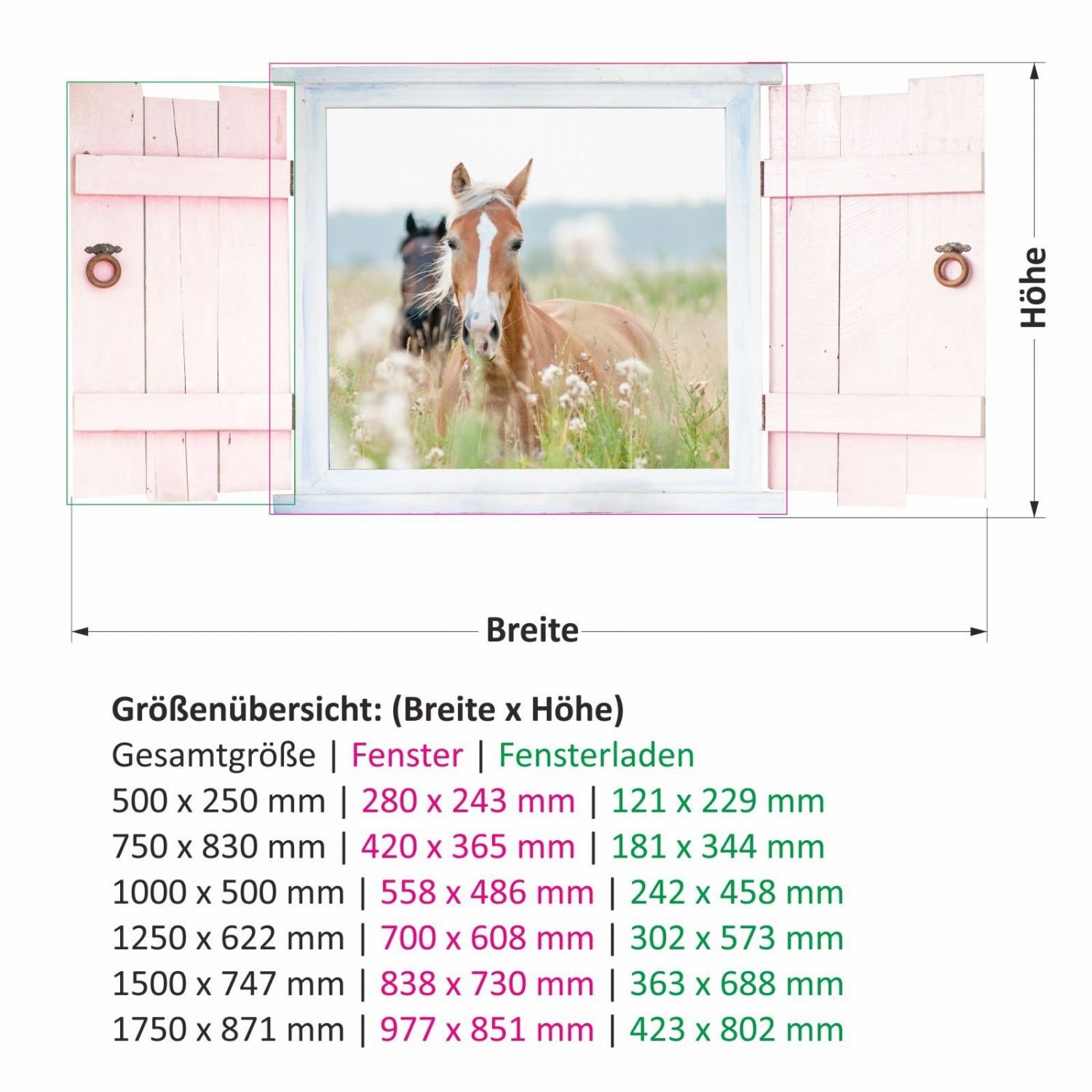 023 Sticker mural Chevaux dans la fenêtre avec volets – Disponible en 6 tailles – Magnifiques stickers pour chambre d'enfant et stickers mignons – Décoration murale pour garçon et fille – Dimensions