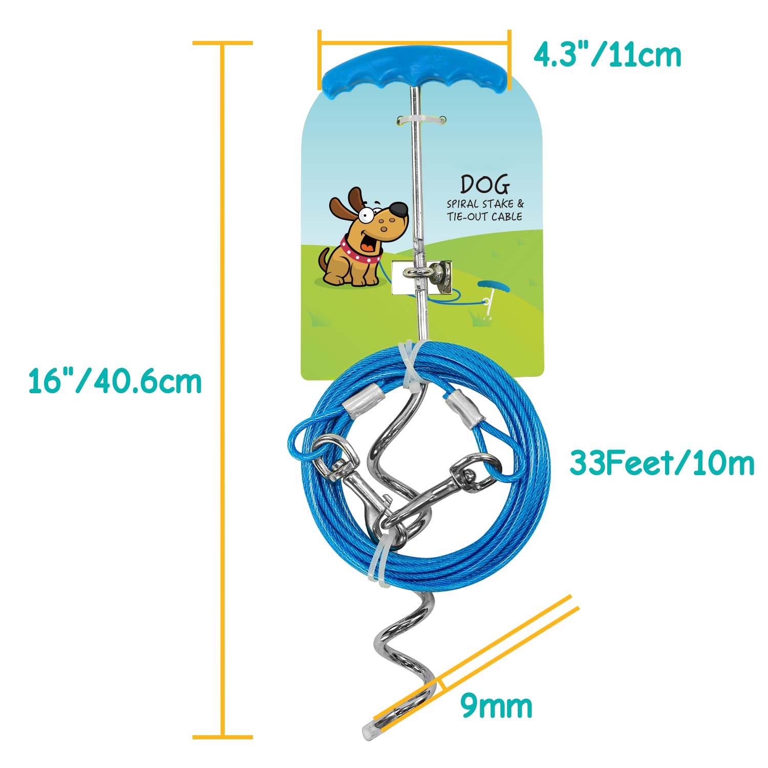 Petphabt Piquet pour chien et câble d'attache robuste avec piquet en spirale de 40,6 cm pour chiot et animal domestique Bleu sarcelle 10 m