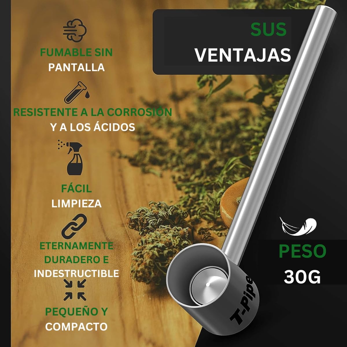 Pipa de titanio UDOPEA T-Pipe - La original - Pipa metálica de alta gama con propiedades perfectas para fumar - Pequeña, ligera, de sabor neutro (Titanio)