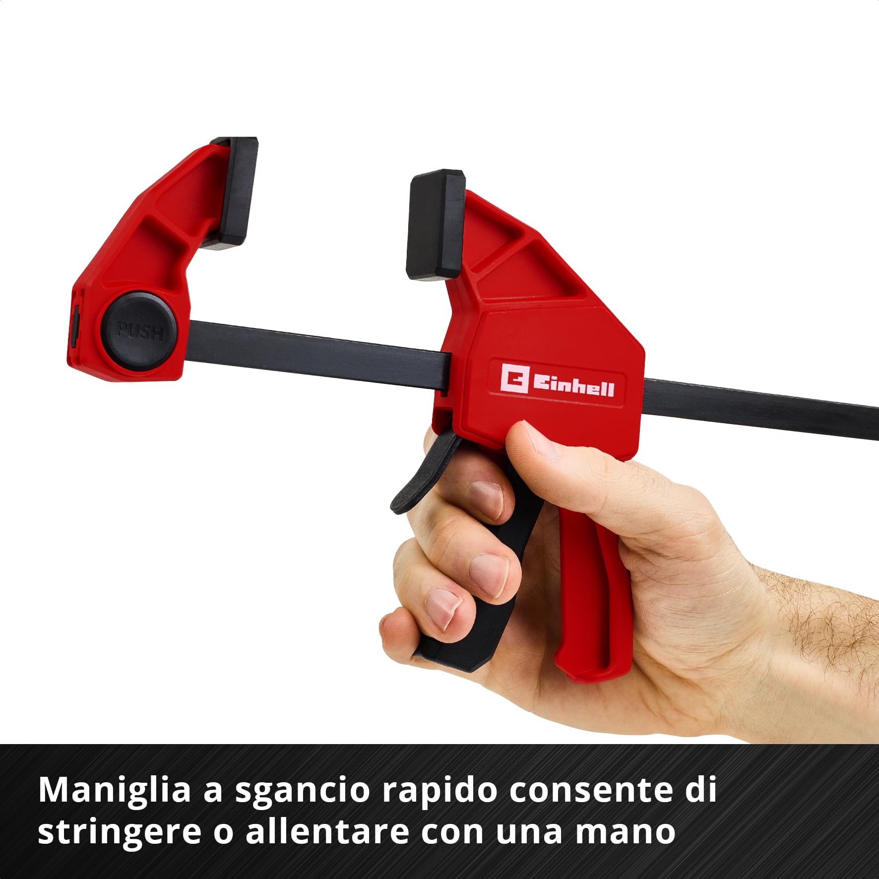 Einhell Set morsetti 2x90cm (Sgancio rapido, apertura 900 mm, forza 150 kg, espansione, profondità, conversione senza attrezzi, impugnatura gommata)