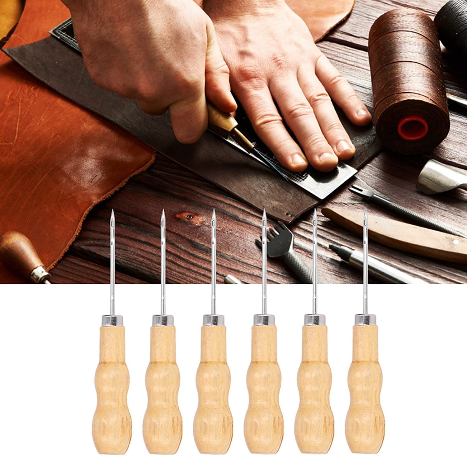 Poinçon de couture en cuir, poinçon à main, outil de poinçon en cuir, poinçon en cuir, 10pcs poinçon de couture en cuir manche en bois 125mm de longueur kit d'outils à main for réparer le bricolage