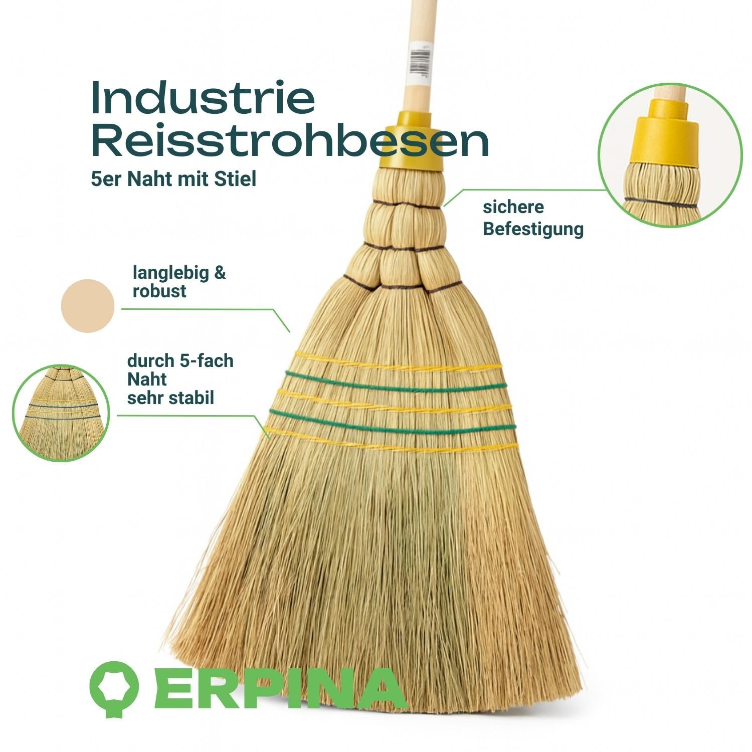 2er Pack Industrie Reisstrohbesen – 5-Naht mit Stiel 145cm Länge – robuster Werkstatt & Hofbesen aus Naturreisstroh – langlebig & vielseitig für Stall und Garten Profi Kehrbesen volle Qualität