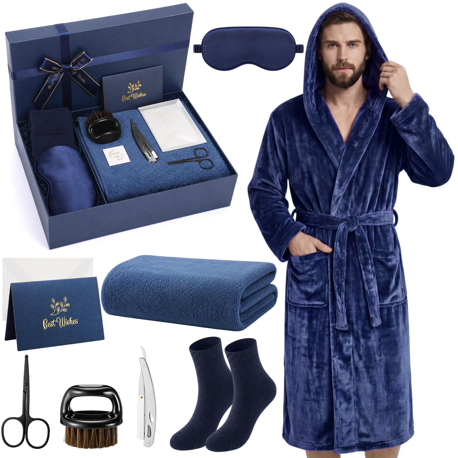 Bartpflegeset für Ihn, 9-teiliges Geburtstagsgeschenk-Set für Ihn, Vatergeschenkkorb-Set, Genesung, Geschenkkorb mit Kapuzenmantel, langes Handtuch, Socken für Vater, Opa, Ehemann, Freund