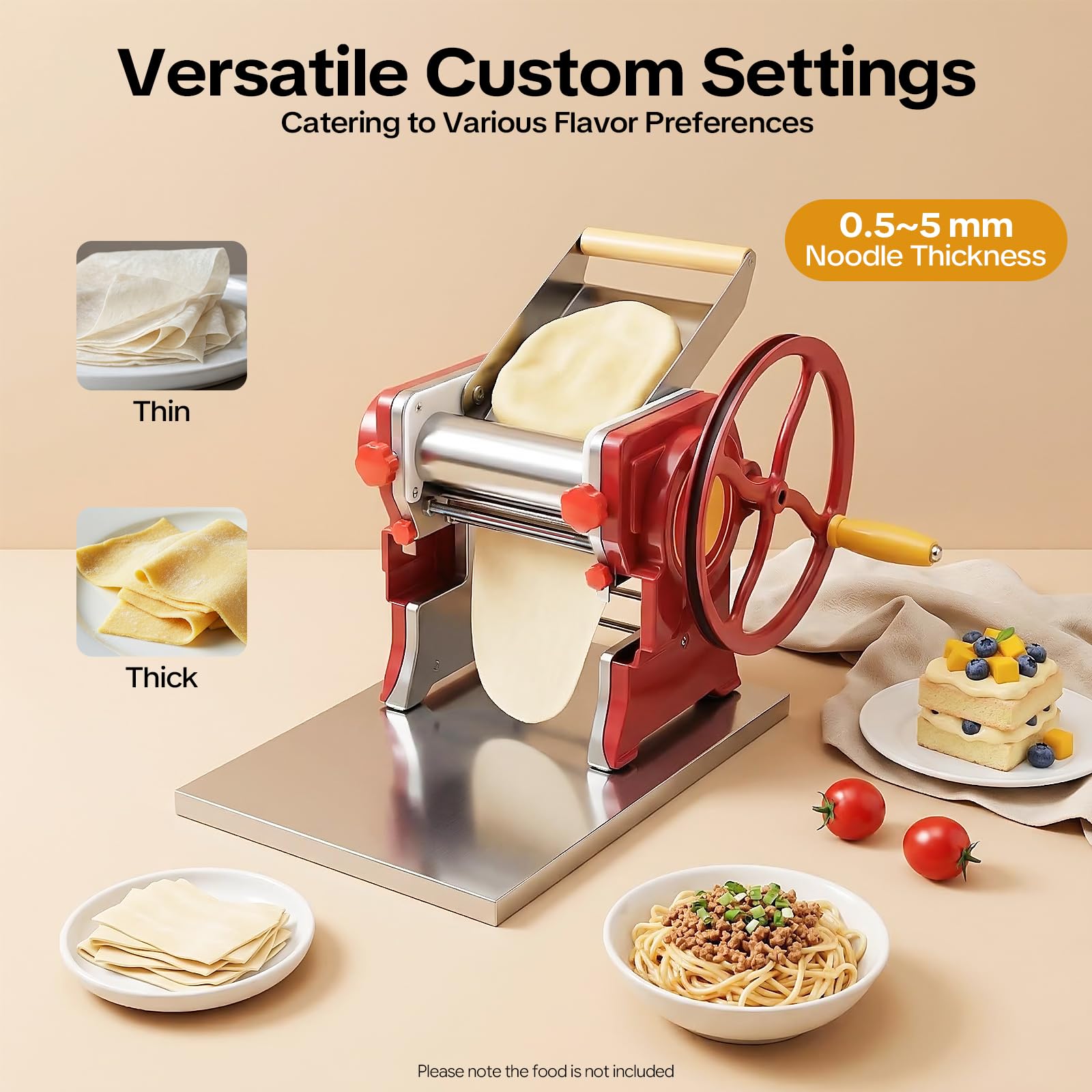 Maszynka do makaronu ze stali nierdzewnej, komercyjna maszynka do makaronu, do spaghetti, fettuccine, lasagne, prezent, 0,5-5 mm, czerwona