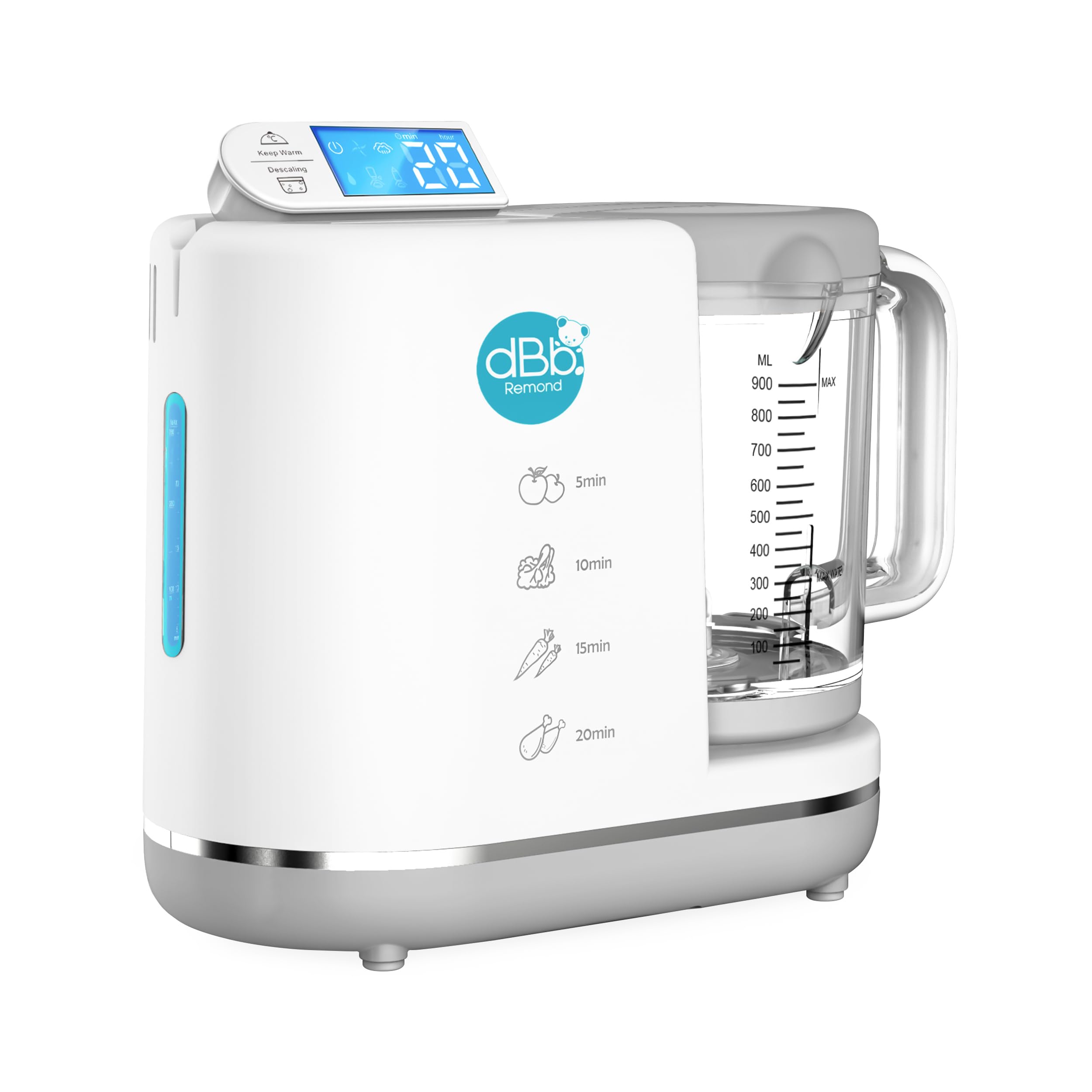 dBb Remond Robot Cuiseur Bébé Multifonctions 6 en 1 - Cuit Vapeur, Mixe, Hache, Stérilise, Chauffe et Décongèle - Auto Nettoyant - Repas Sains et Faciles pour Bébé - Capacité 1000 ml - Blanc & Gris