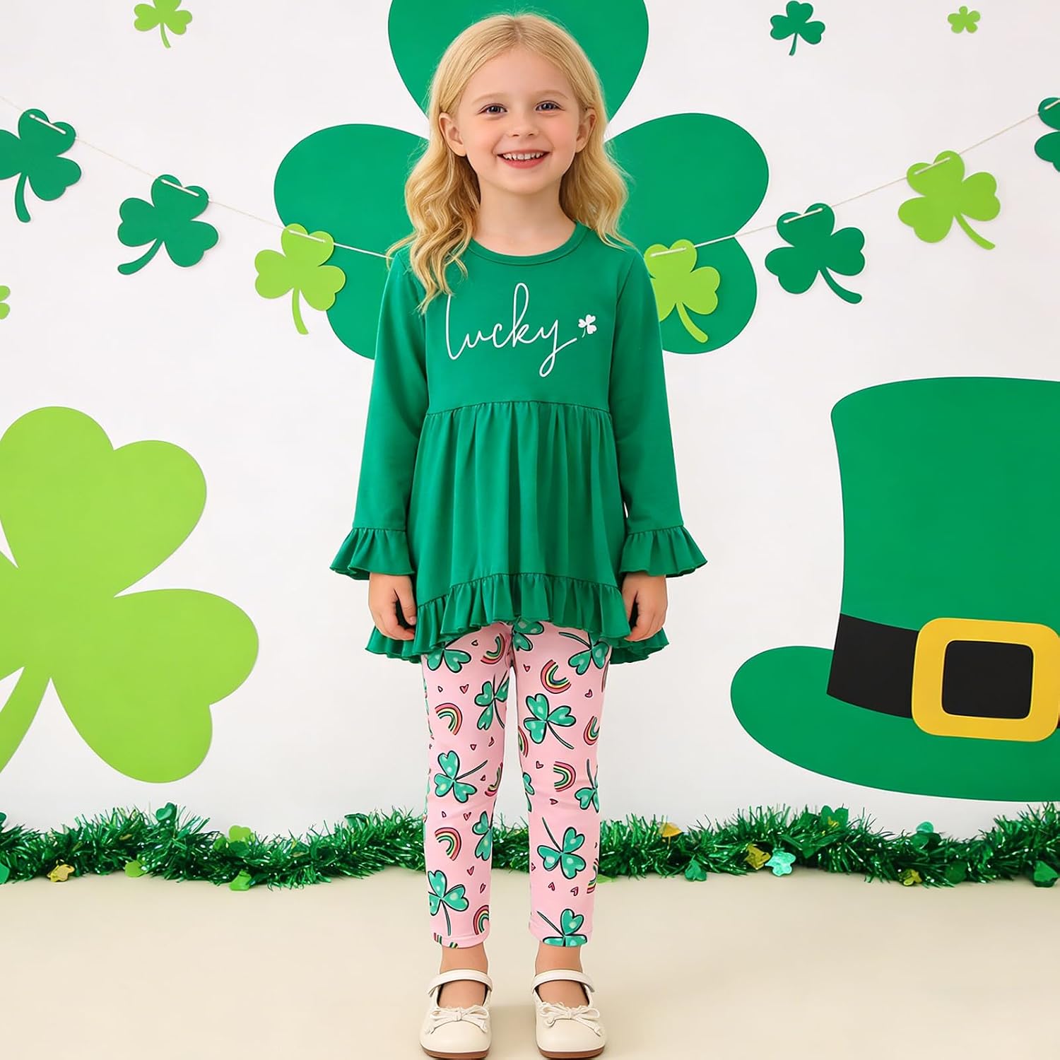 Kid Toddler Girls St. Patrick's Day Outfits Flare Tunic Ruffle Dress Shirts Shamrock Pants Set 2Pcs Irish Clothes