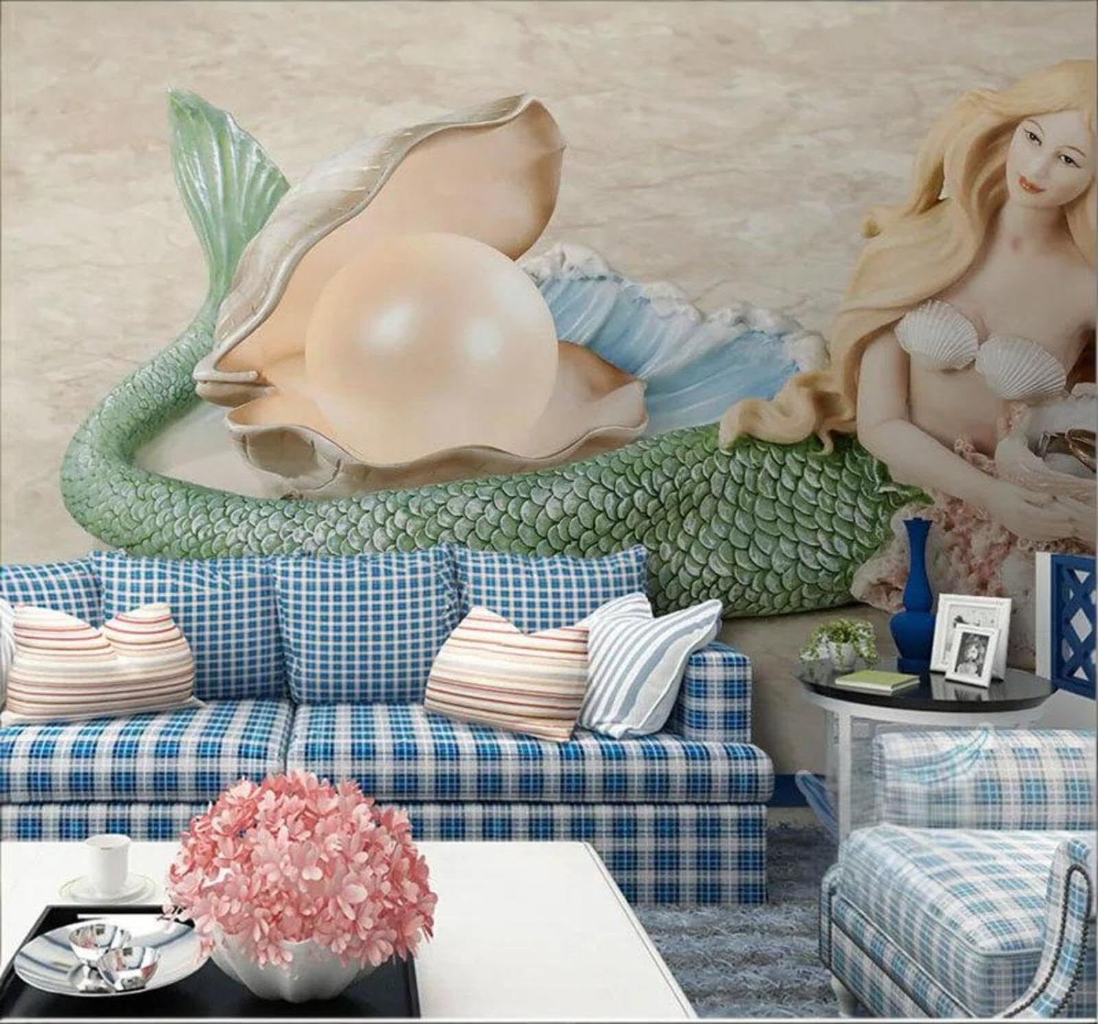 Cartoon Relief Beautiful Mermaid Pearls 3D Wallpaper Easy Install Feature Office Living Room Sofa Bedroom TV Background Wall Decoration-350cm×256cm