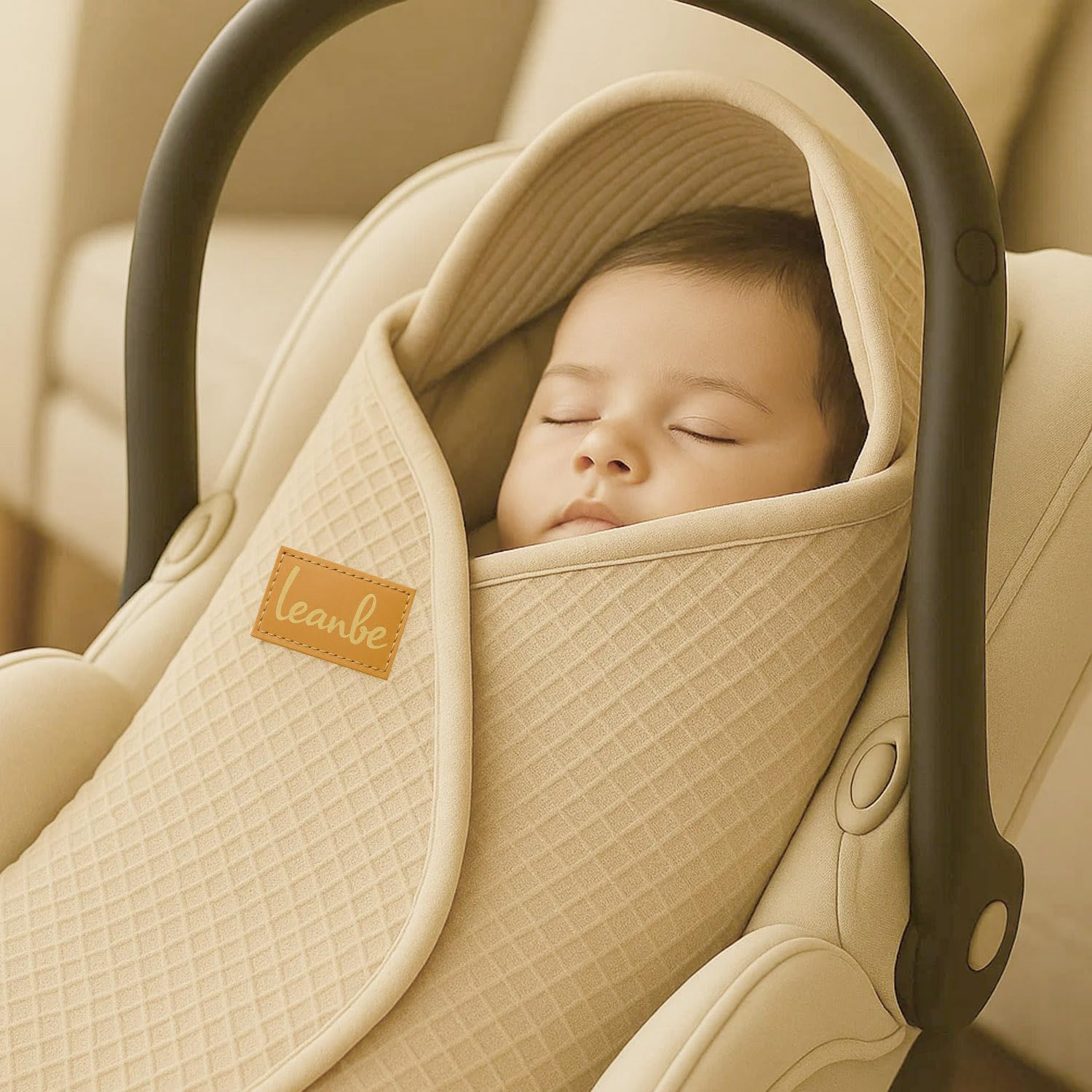 Einschlagdecke aus Waffelstoff für den Sommer 100% Baumwolle Babydecke für Autositz Kuscheldecke Kinderwagedecke Für Kinderwagen Buggys 3 Punkt Gurt (Beige)
