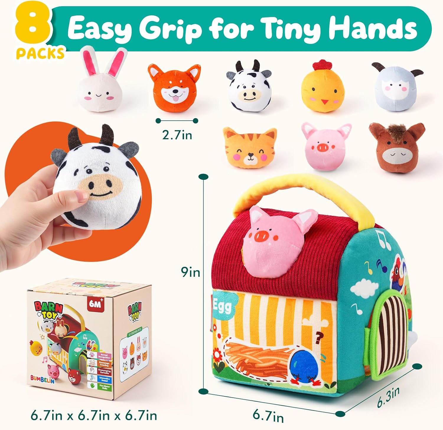 Baby Toys 6-12 Months - Soft Barn with Stuffed Farm Animals, Sensory Balls, Crinkle Paper & Mirror - Montessori Toys for Toddlers 1-3, 1 Year Old Boy Girl Gifts
