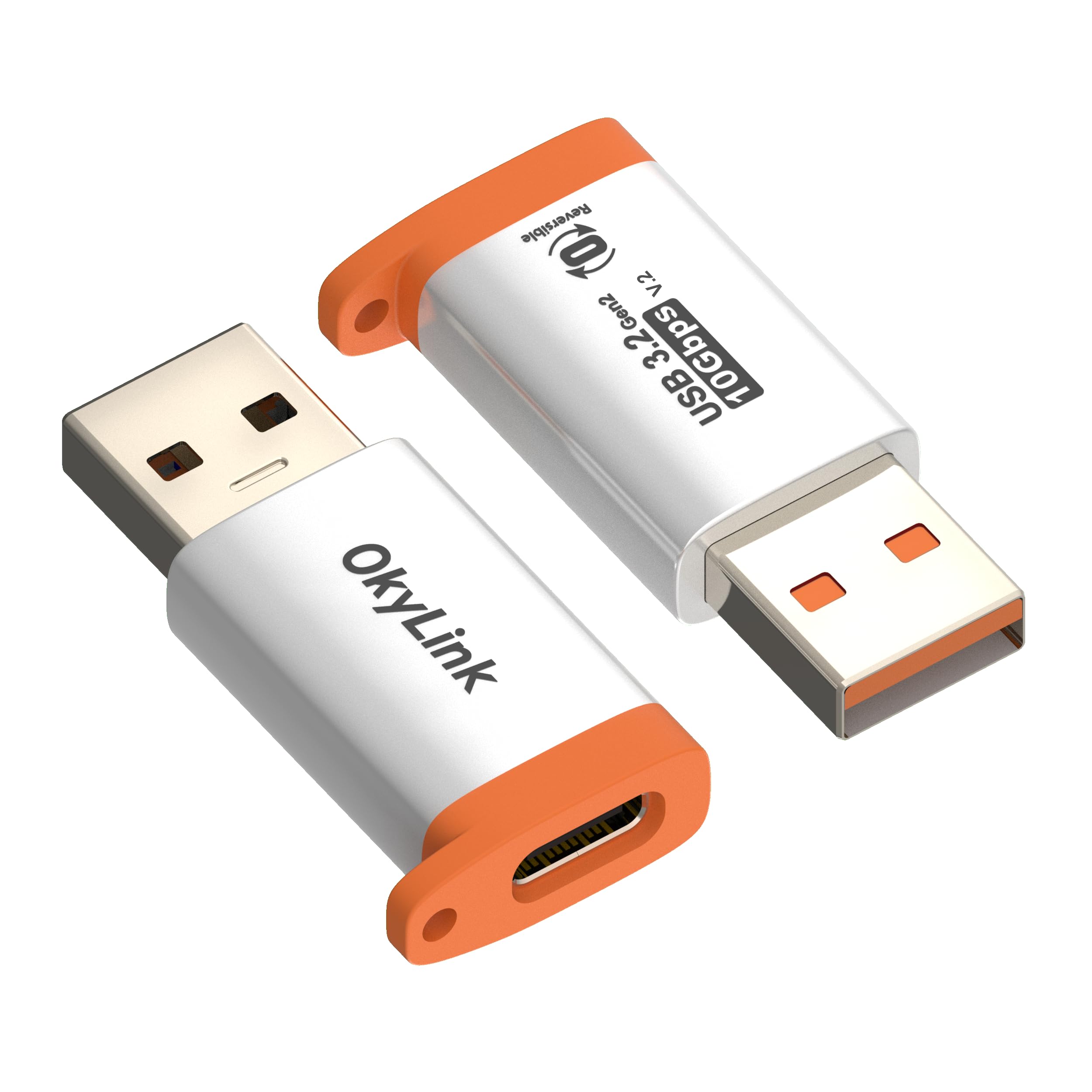 OkyLink Adaptador USB-A a USB-C – USB 3.2 Gen 2 10Gbps transferencia de datos de alta velocidad – Carcasa de aluminio naranja duradera – Puerto reversible USB A macho a USB C hembra para carga rápida