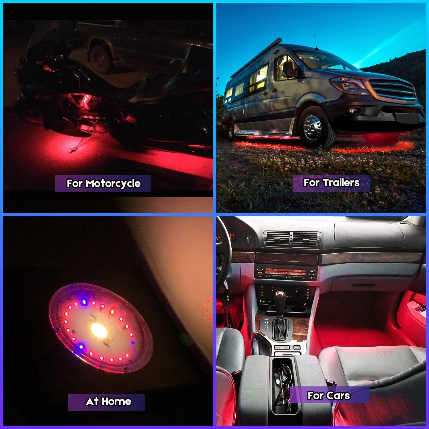 Geeon 4-Pack 24" Red Car Interior LED Strip Light 12V Waterproof IP65 Cuttable Connectable for Automotive Boats Trucks Cargo Trailer Inside Accent Lights