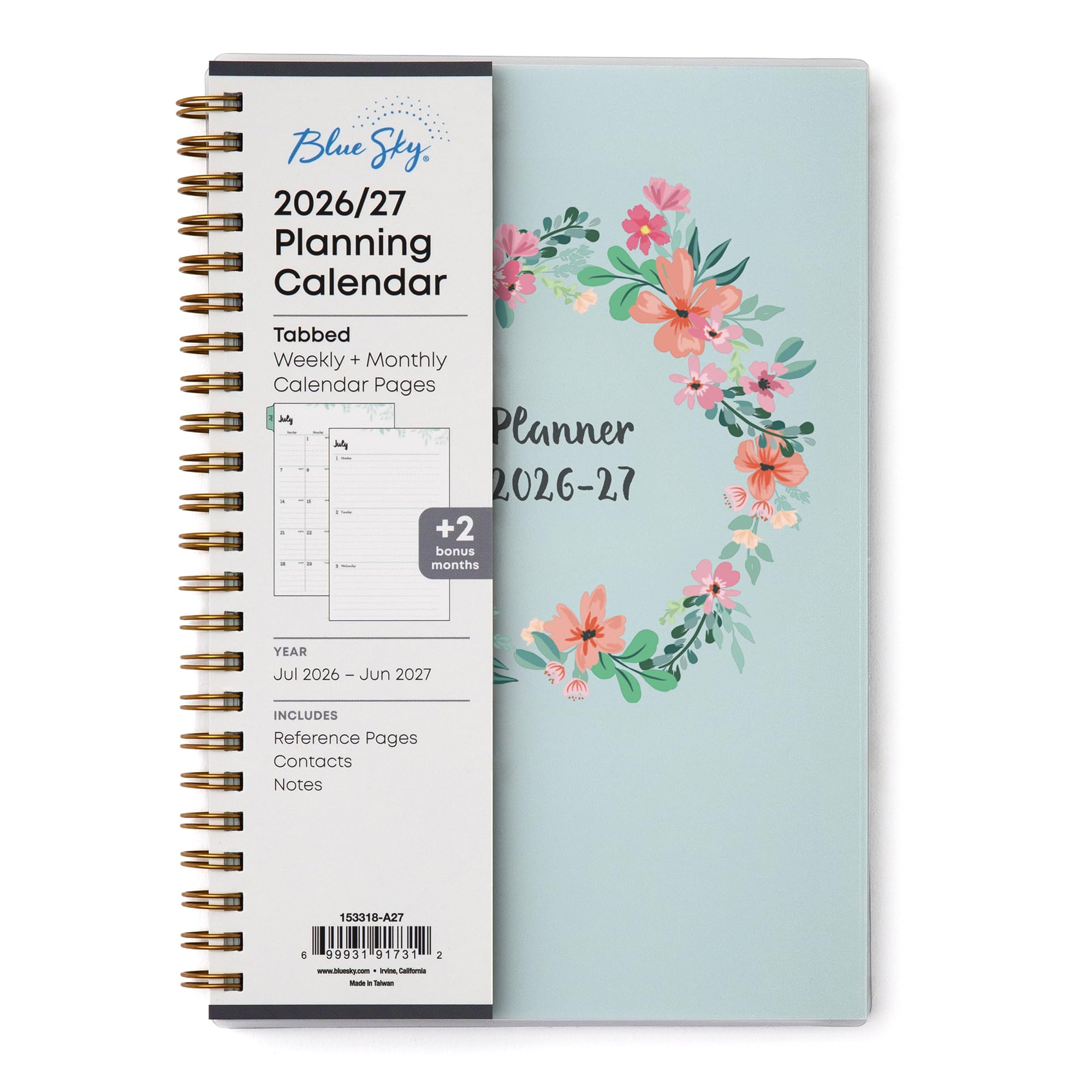 Blue Sky Jahresplaner 2026-2027, Wochen- und Monatsplaner, Juli 2026 - Juni 2027, 12,7 x 20,3 cm, flexibler Einband, Spiralbindung, laminierte Reiter, Lorbeer