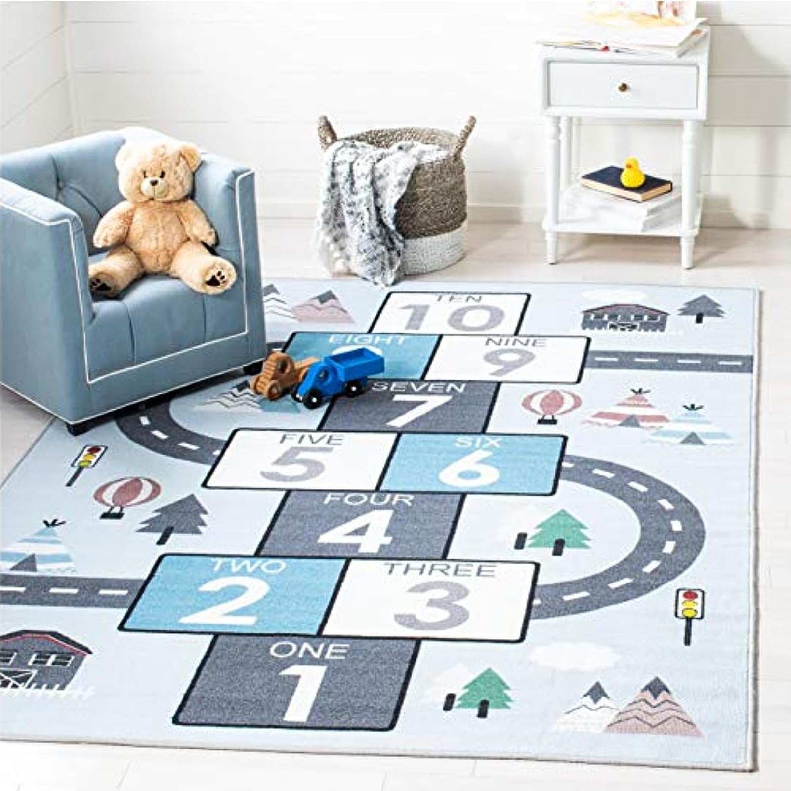 Hopscotch Teppich Weicher Teppich Waschbar, rutschfest Ideal Für High Traffic Bereiche Für Jungen Und Mädchen Im Spielzimmer, Schlafzimmer,Blau,80 * 160cm