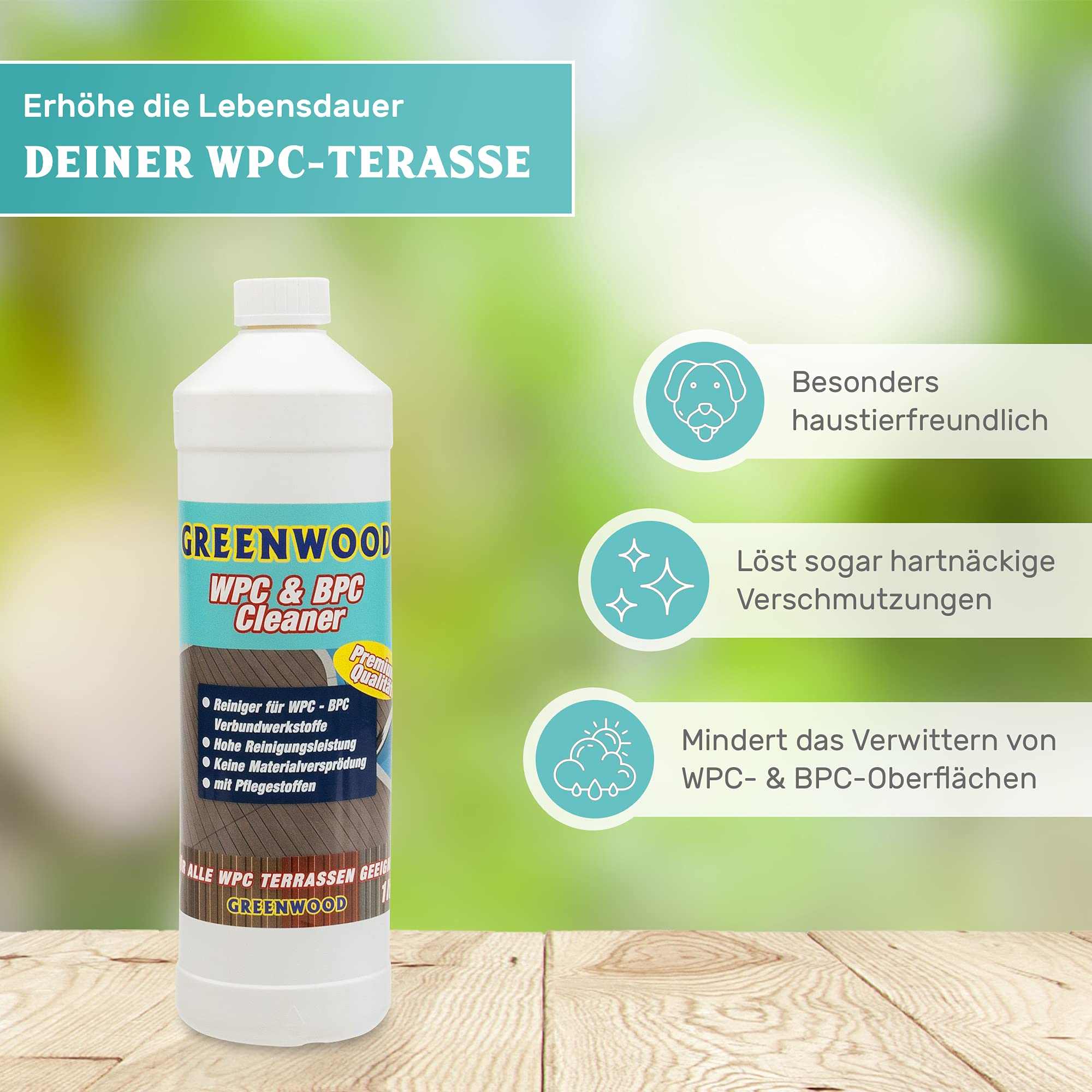 Limpiador de Greewood, para WPC, 1 l, ingredientes acondicionadores, super concentrado.Limpiador para WPC, con pH neutro.