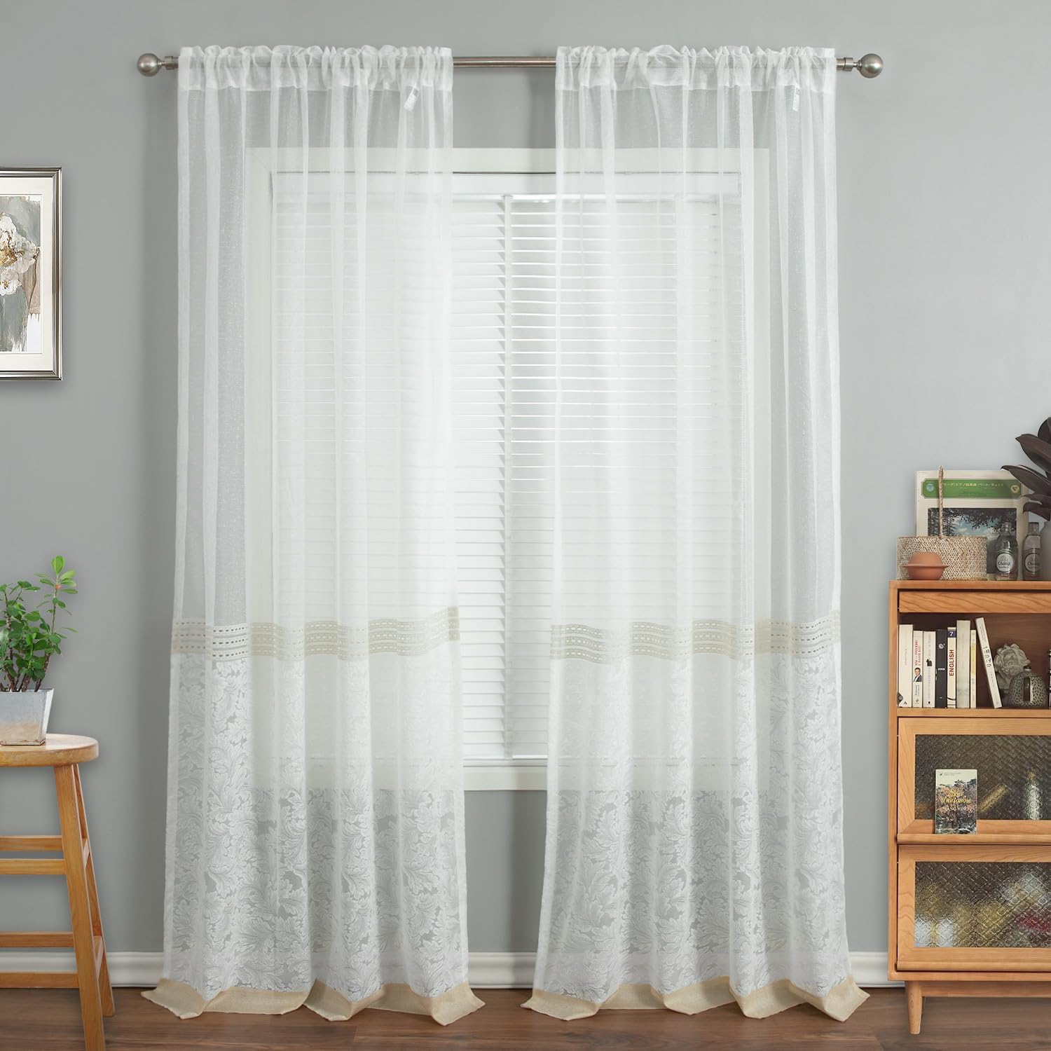 vogol farmhouse sheer curtains with lace – embroidered leaf window drapes – light filtering voile panels for romantic and elegant home decor – 2 panels, 52 x 63 *beige b1 52"w x 63"l (pack of 2)