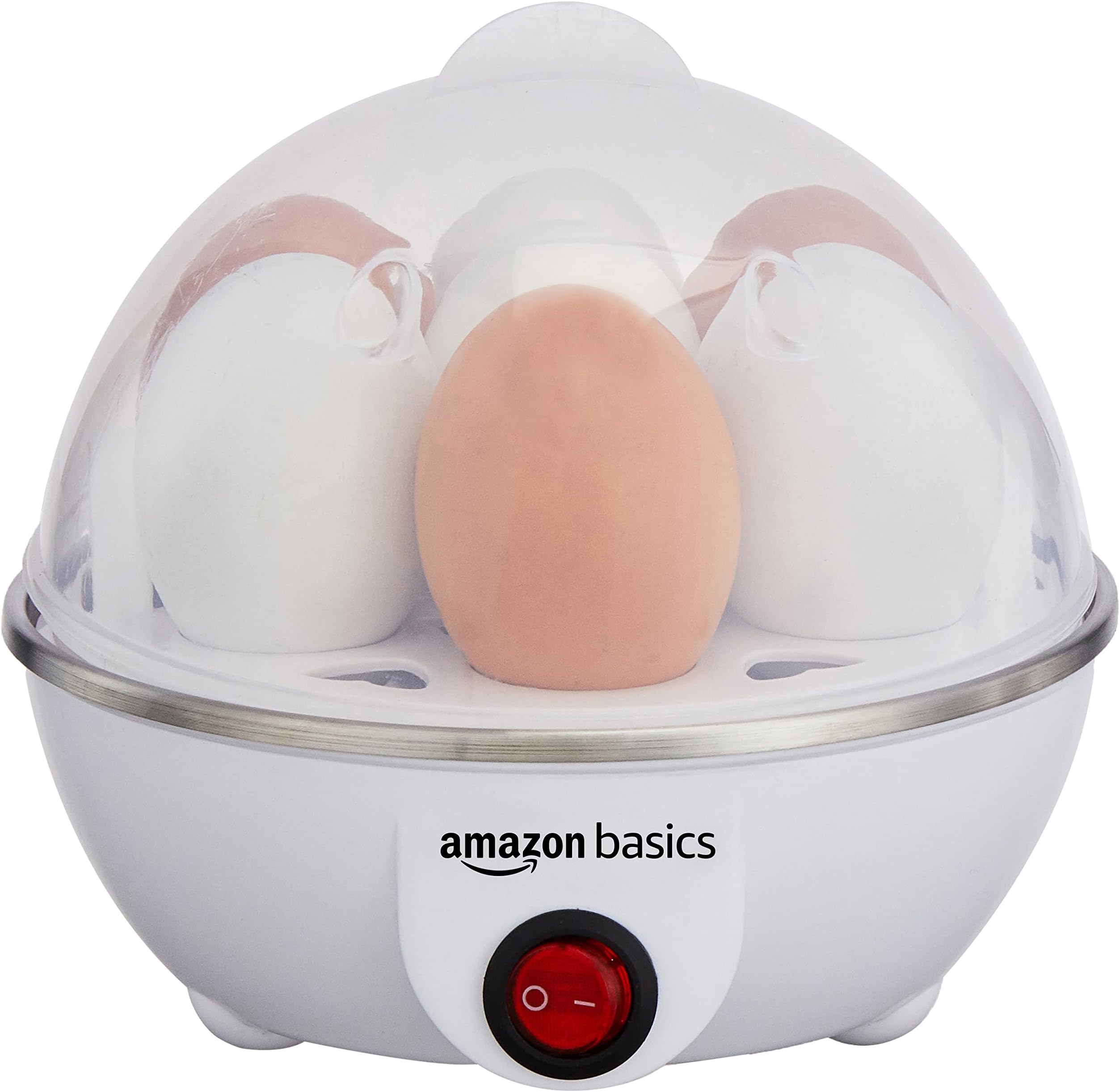 amazon basics Electric Egg Boiler | 350 Watt | Boils Upto 7 Eggs | Automatic Operation, 3 Boiling Modes | Overheat Protection | Stainless Steel Heating Plate, Measuring Cup | 75ml | Plastic | White