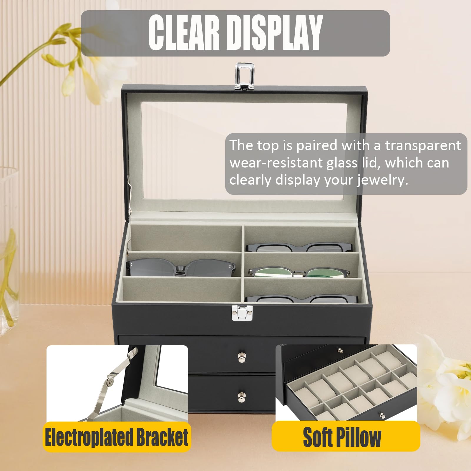 Uhrenbox, Display Uhren- und Sonnenbrillen-Schmuckbox, 12 Uhrenbox-Schmucketui und 12 Slots Sonnenbrillen-Organizer, Brillenetui Uhren- und Sonnenbrillen-Box für Herren Damen