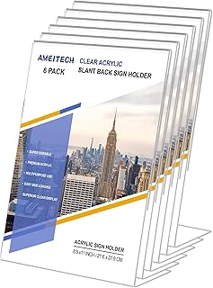 8.5x11 Acrylic Sign Holder, Acrylic Slant Back Sign Holders, Clear Plastic Display Sign Holder, Flyer Document Paper Display Stand for Store, Office, 6-Pack