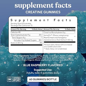 Lemme Creatine Monohydrate Gummies, Blue Raspberry (60 Gummies) | 5g Creatine for Lean Muscle, Strength, Recovery & Cognitive Health with Ginseng for Absorption. NSF Certified for Women & Men