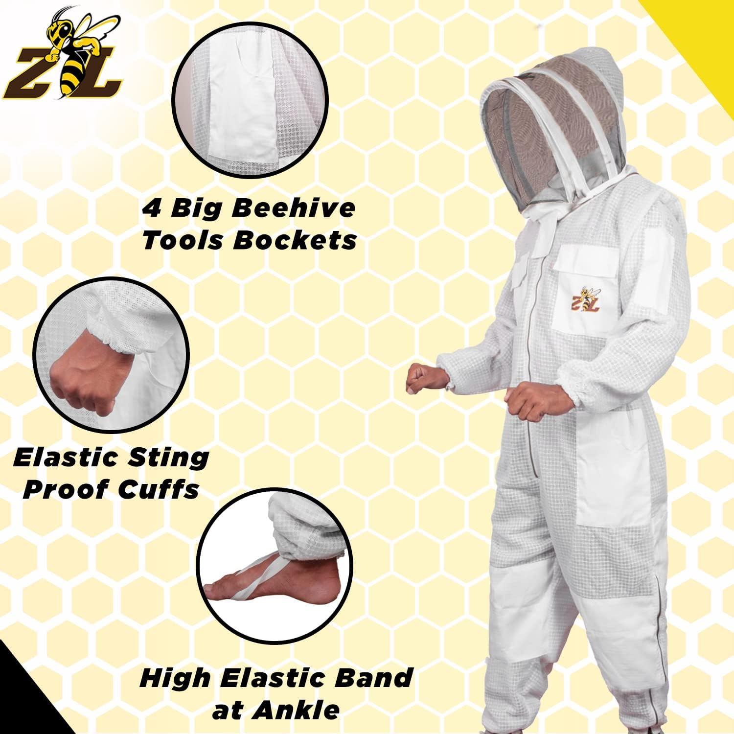 Premium Quality Ventilated Bee Suit for Men & Women with Round Veil, Ultra Protective Layers Beekeeping Suit.