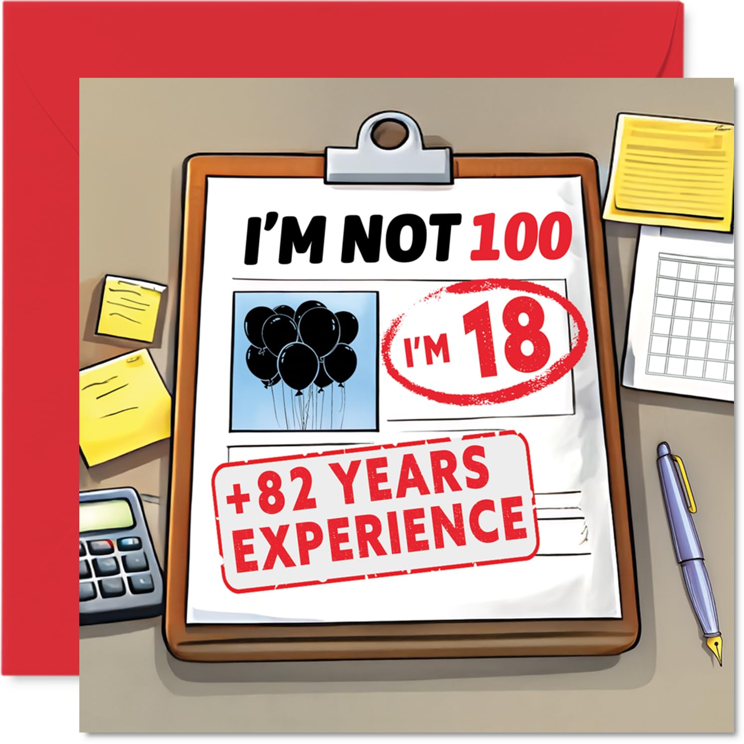 Funny 100th Birthday Card - Not Out at 100 - Humorous Balloon and Clipboard Design - Perfect for Celebrating a Century with Style - 145mm Square, Envelope Included