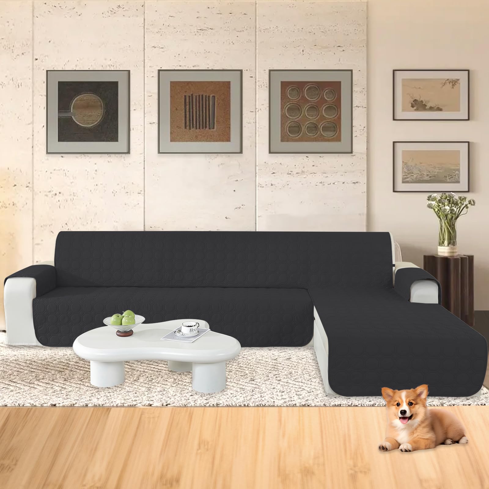 Ystyle Copridivano Impermeabile con Penisola 4 Posti (L 280 CM), Copridivano Angolare Destra/Sinistra Universale Reversibile, Copridivano Chaise longue Antigraffio Antimacchia, Nero