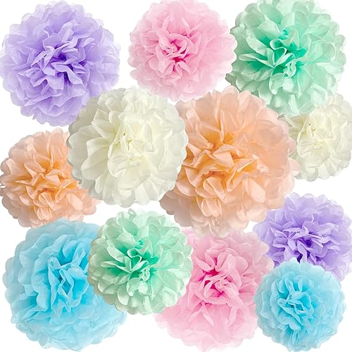 ANSOMO Pompones de papel de seda pastel, decoraciones de fiesta, helado de arcoíris, flores de macarrón, para colgar en la pared, suministros de