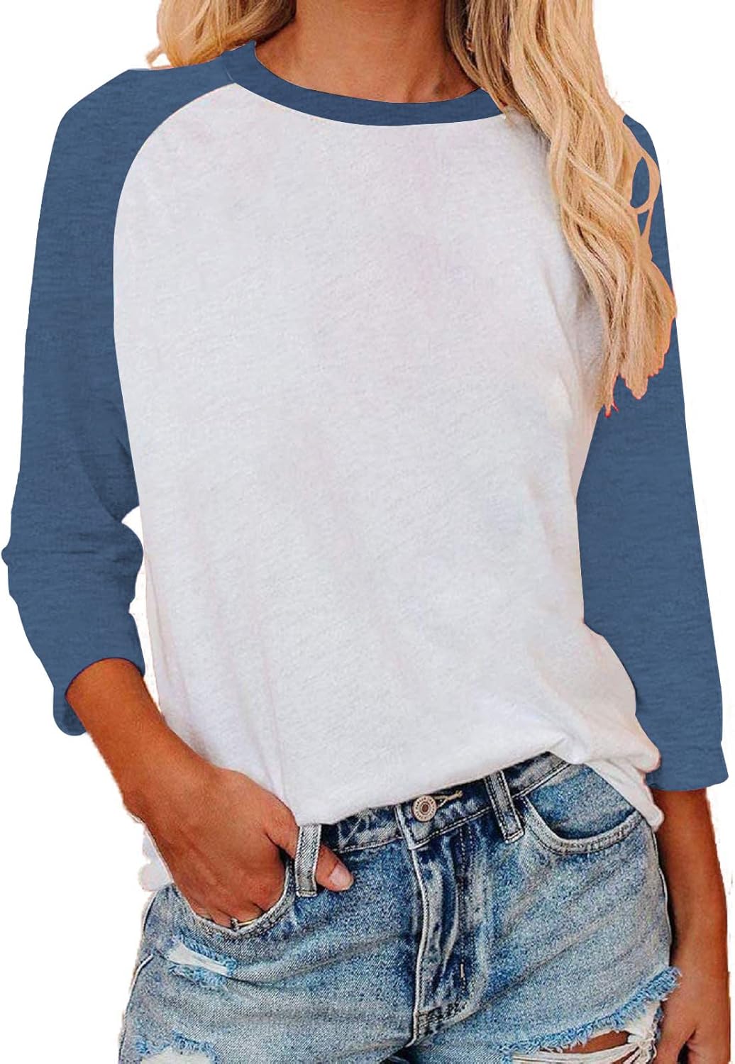 Womens 3/4 Sleeve Shirts Summer Crewneck T-Shirts Loose Basic Tops Cotton Blend Tops for Women