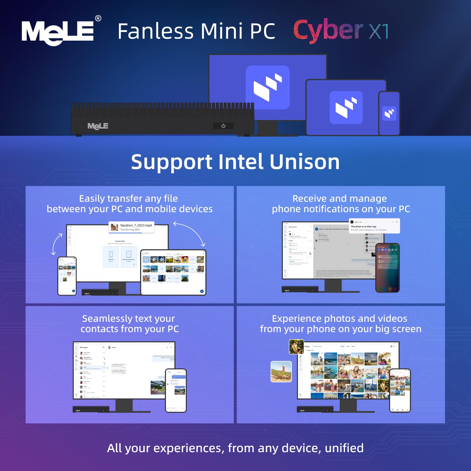 MeLE Cyber X1 Lüfterloser Mini PC N150 16GB 512GB Kleiner Desktop Computer | bis zu 3.6GHz, USB-C, 2 X HDMI, Dreifach-Display, mit VESA, Rund um die Uhr stabil, automatisches Einschalten, Wake-on-LAN