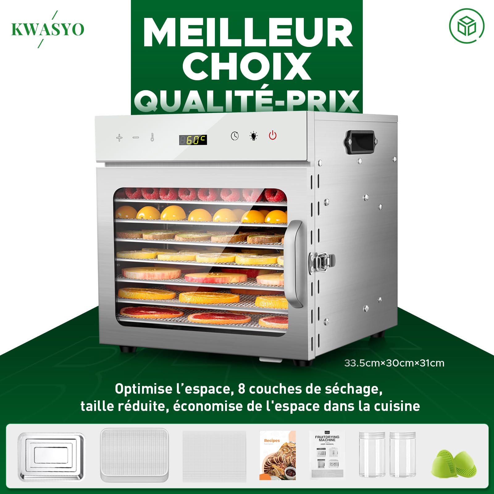 Kwasyo Deshydrateur Alimentaire en acier inoxydable, 8 Plateaux, régulateur de température de 30 à 90 °C, fonction minuterie de 24 h, sans BPA, déshydrateur pour fruits, viandes, légumes