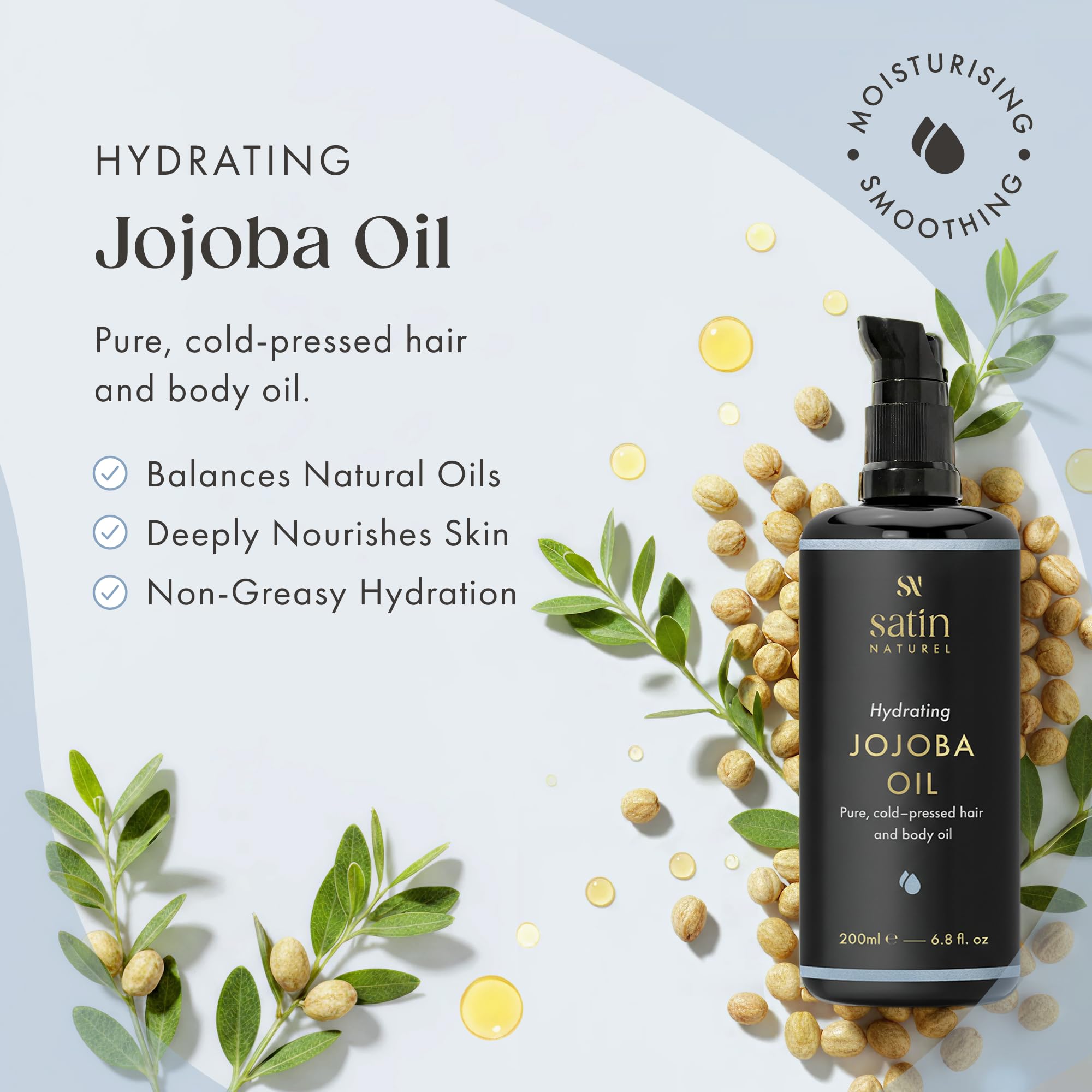 Organiczny olej jojoba wegański, na zimno + 100% czysty - 200 ml światła szklana butelka - pielęgnacja skóry bogata w witaminę E dla miękkiej skóry i włosów i zdrowych paznokci - naturalne kosmetyki Satin Naturel