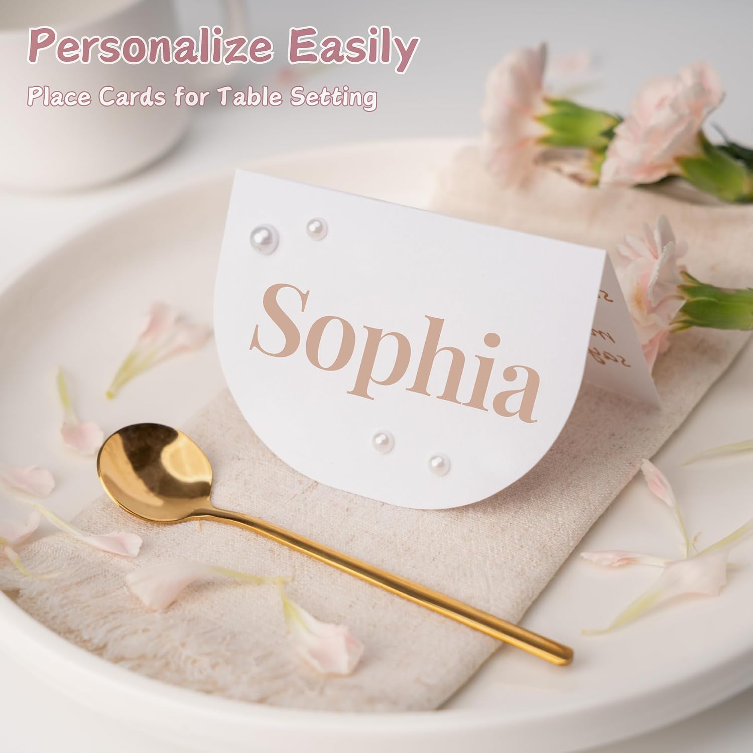 50 Pcs Name Cards for Table Setting, Arch Place Cards with Pearl Stickers for Wedding, Table Tent Card Stock Handmade Décor for Party, Dinner, Home
