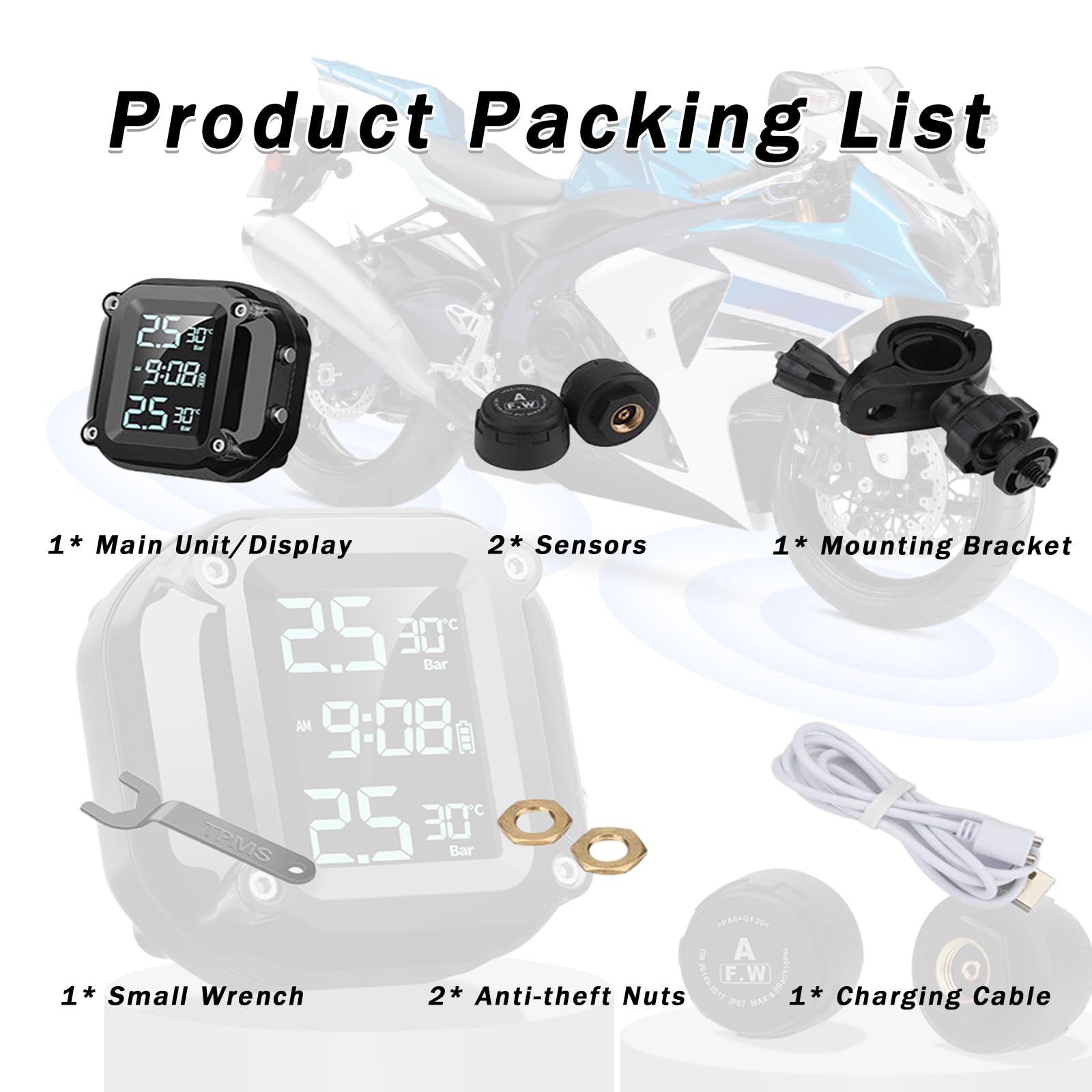 TPMS Motorrad Reifendruckkontrollsystem für Guzzi V85 TT 2019-2023 2024, Kabelloser Reifendrucksensor mit LCD-Anzeige Wasserdichter Reifendruck-Alarm