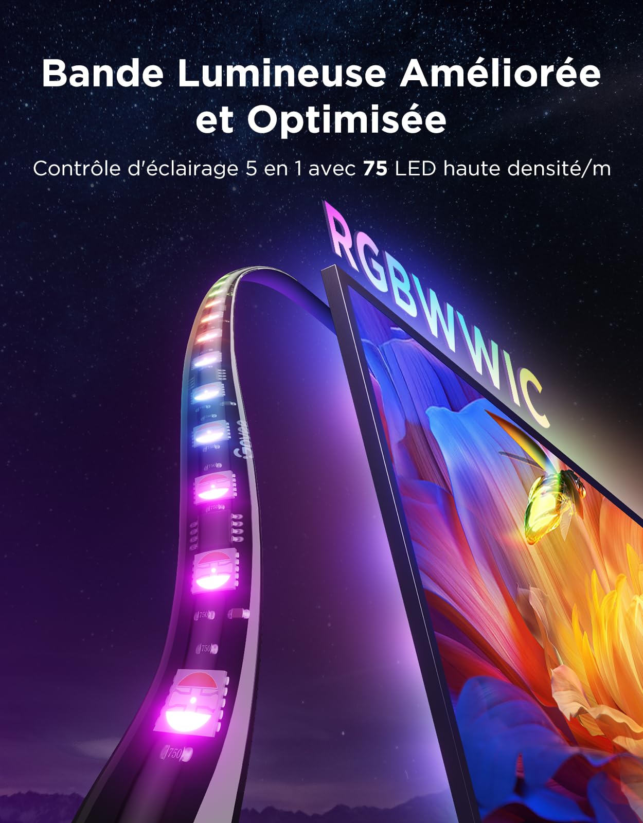 Govee Rétroéclairage TV 3 Pro Triple Caméra HDR, 5 en 1 RGBWWIC Bande LED