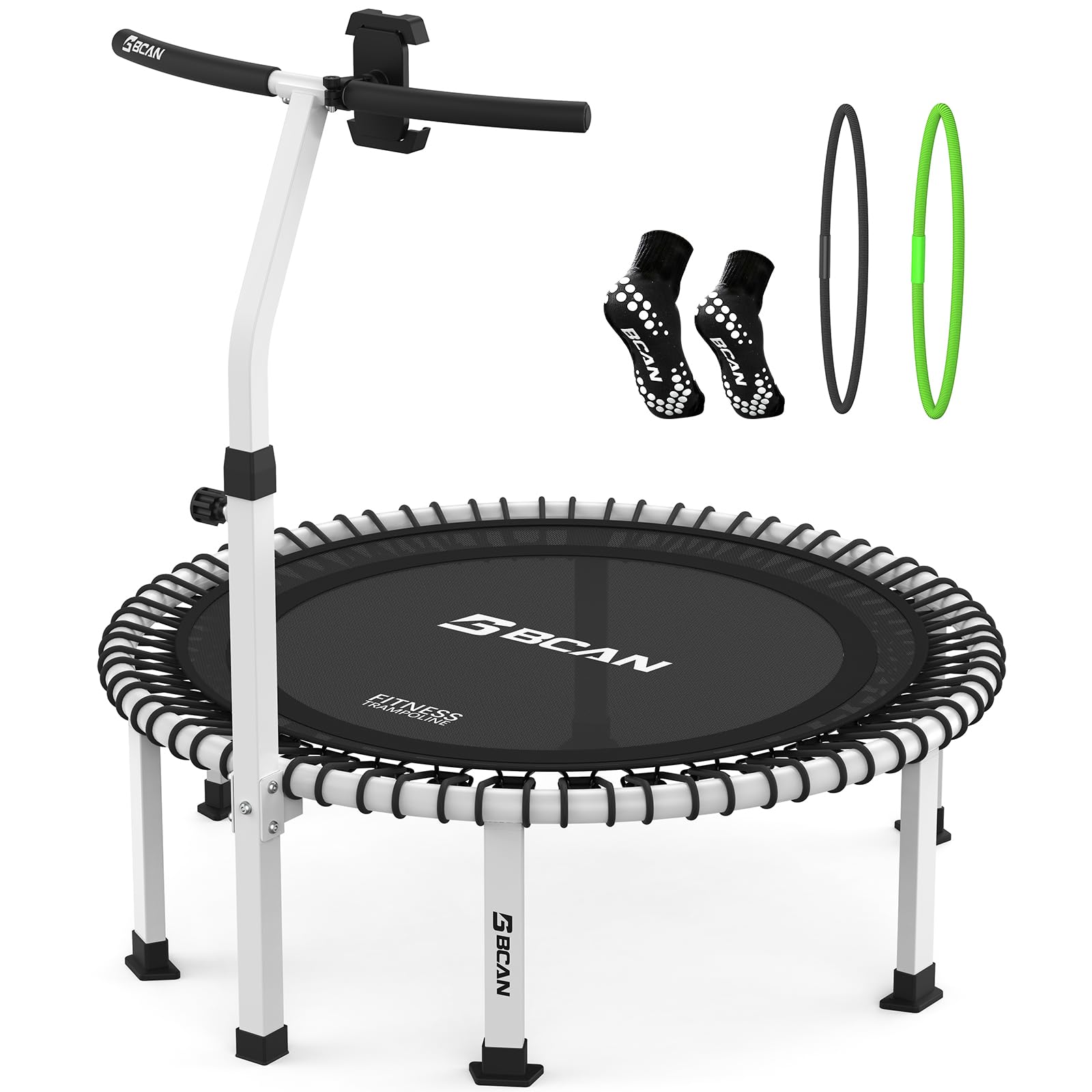B BCAN BT4 Soft Land Pro - Trampolino elastico elastico da 96/102/122 cm, capacità 227 kg, elastico a tensione regolabile, telaio monopezzo, supporto per telefono e 2 paia di calzini