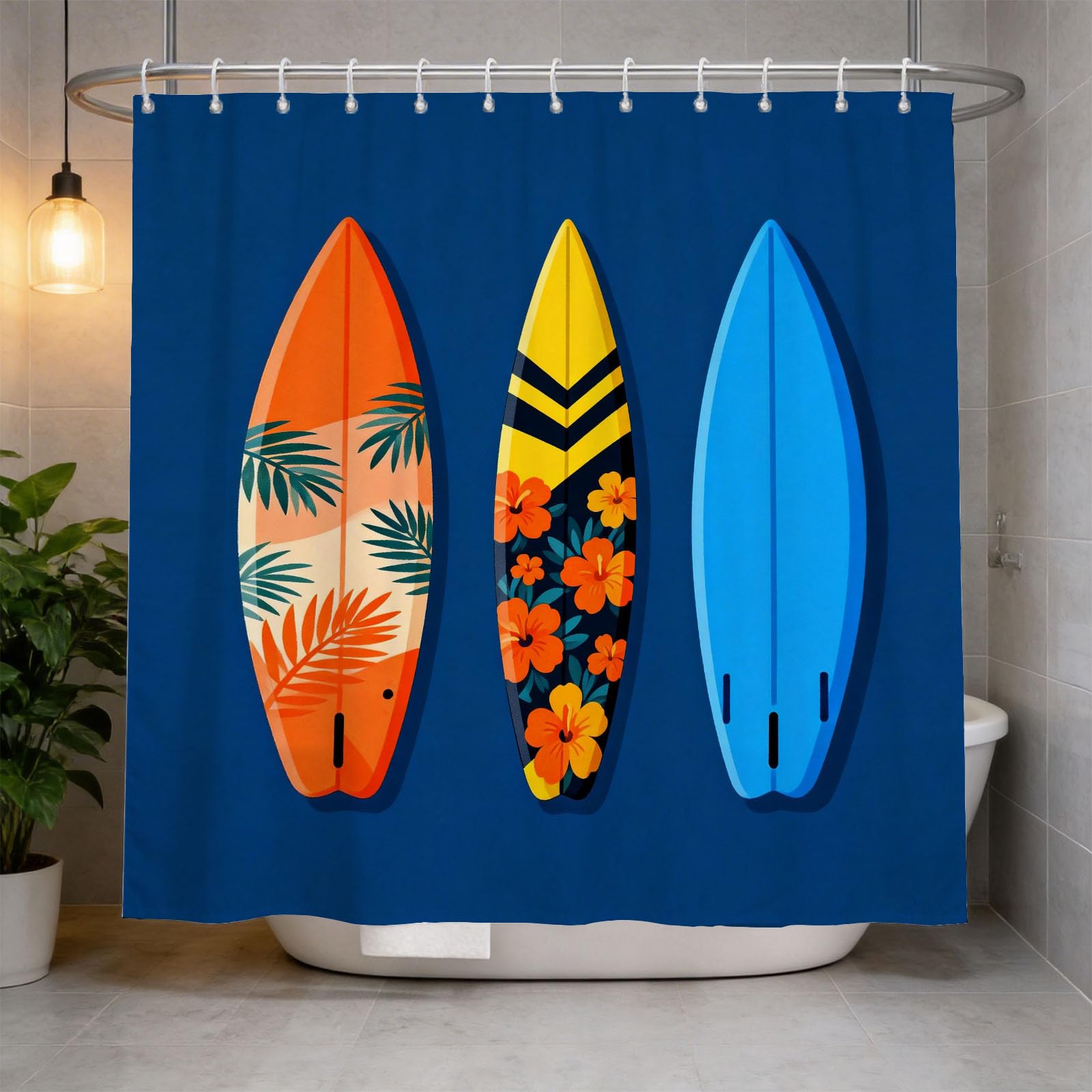 Hongduo 3D Floral Surfboard Shower Curtain for Stalls Bathtubs Summer Vacation Bathroom Decor Shower Curtain Set Polyester Fabric Waterproof 180x180cm/71X71 Inch with Hooks