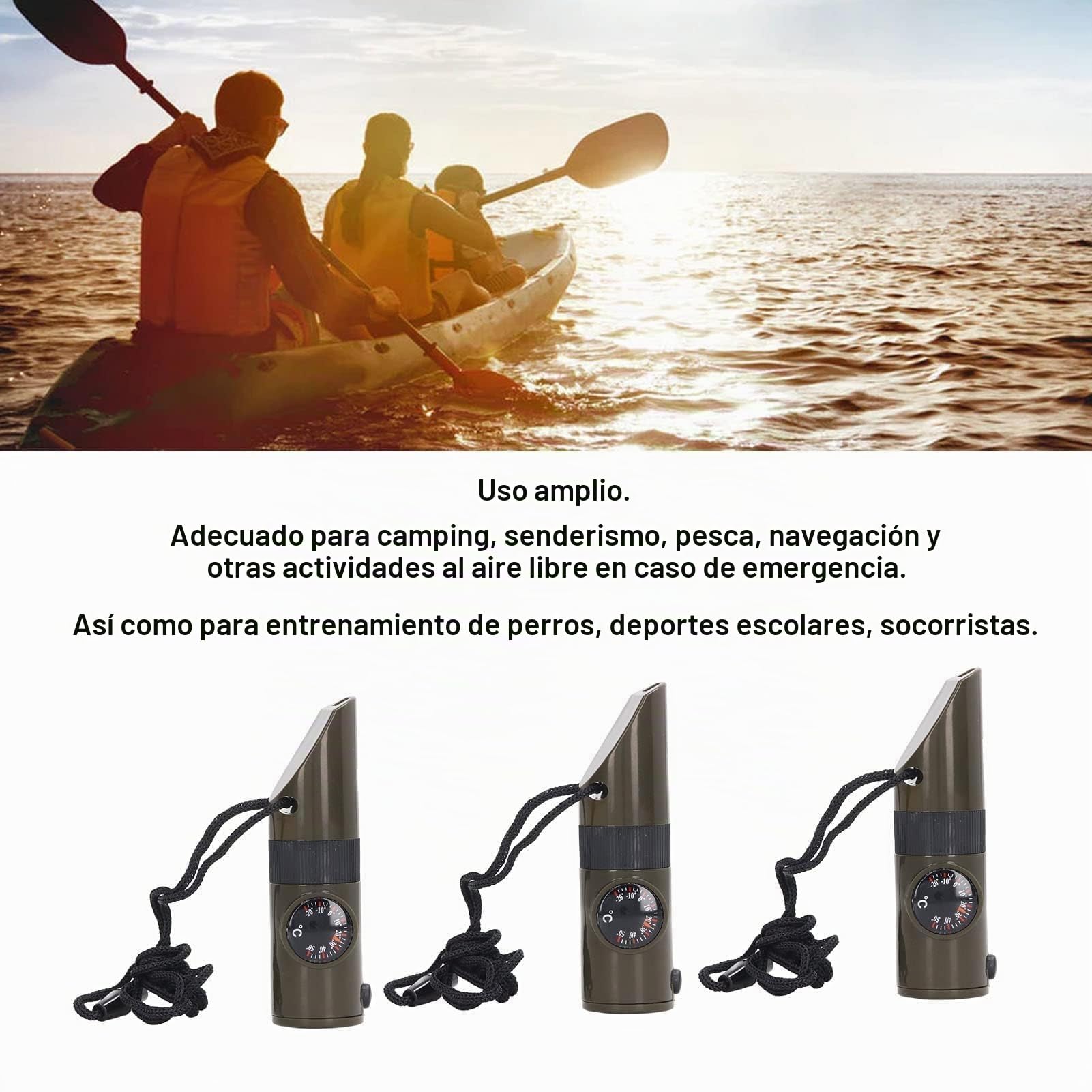 HERCHR Silbato Multifunción De 3 Piezas, LR41 25 mAh Termómetro LED Portátil 7 En 1, Brújula, Silbato De Supervivencia De Emergencia con Cordón para Navegación Al Aire Libre, Senderismo, Camping
