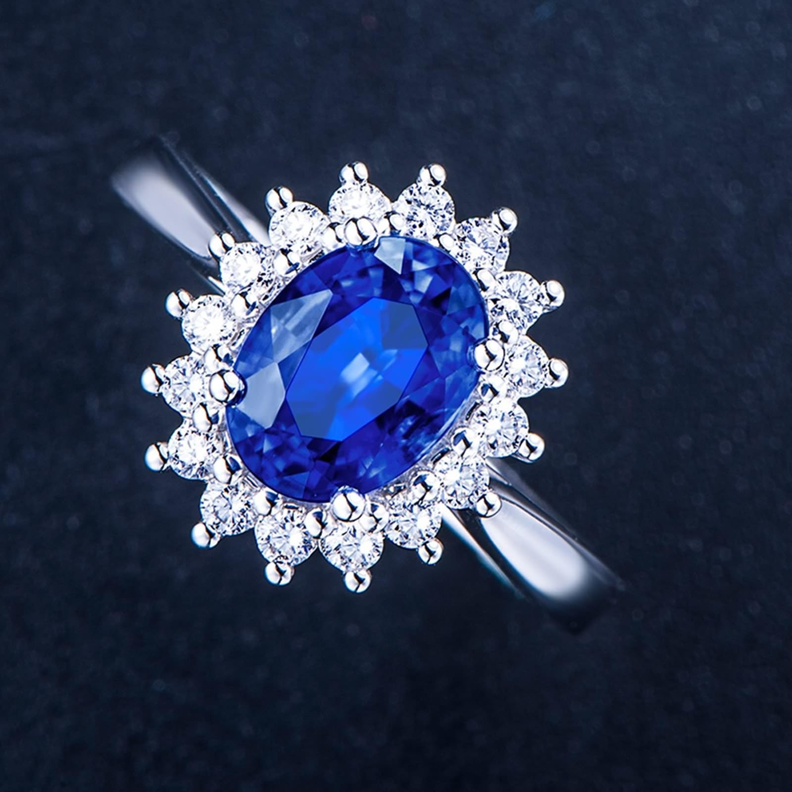 AMDXD Bague de fiançailles en or blanc 750 18 carats - Créée en laboratoire - Saphir classique - Taille ovale - Bleu - Bague de fiançailles avec moissanite 18 carats - Taille 49-70