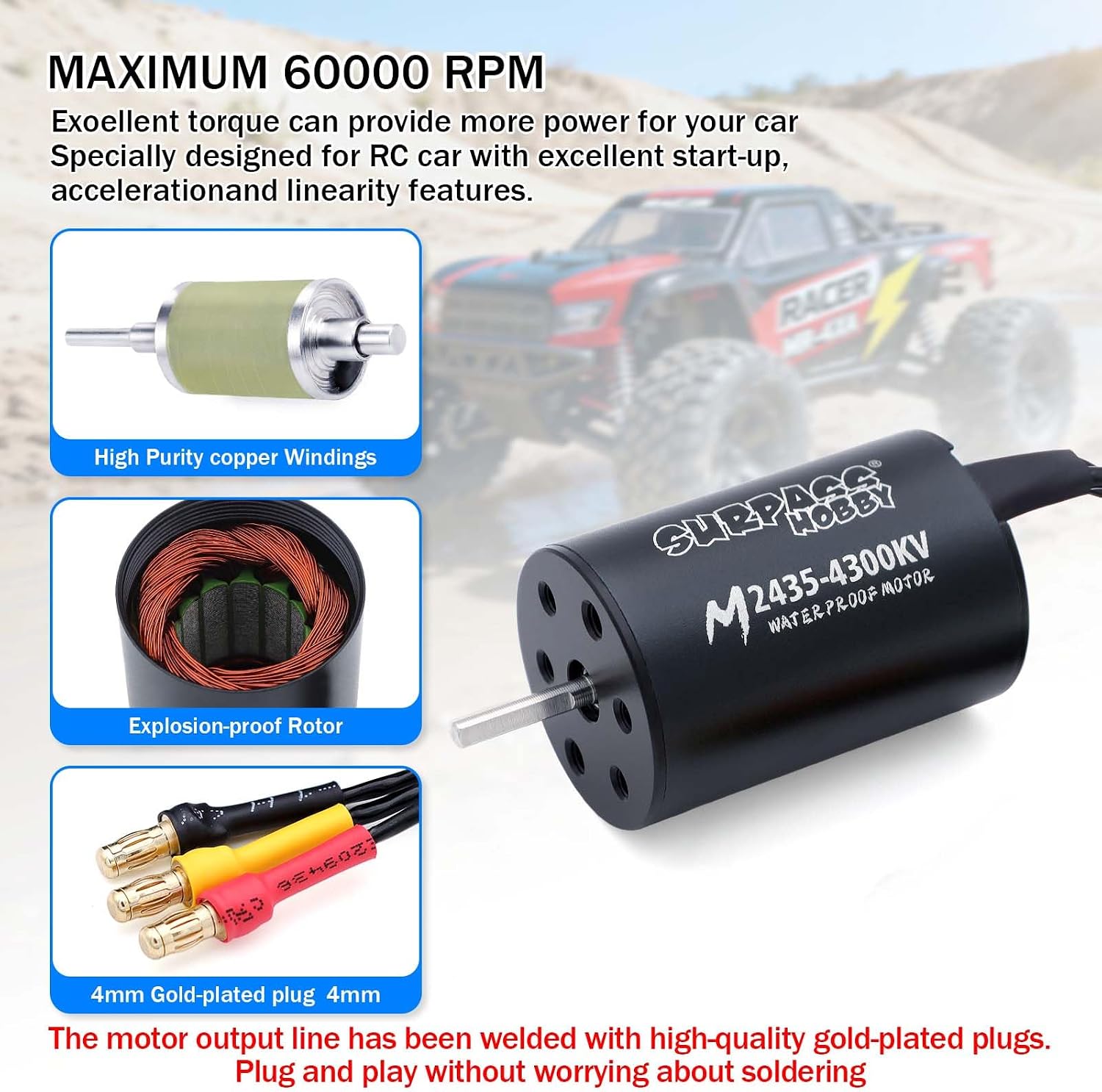 SurpassHobby 2435 4300KV Brushless Motor High Speed Waterproof Motor and for 1/16 1/18 Vehicles Truck Update Parts