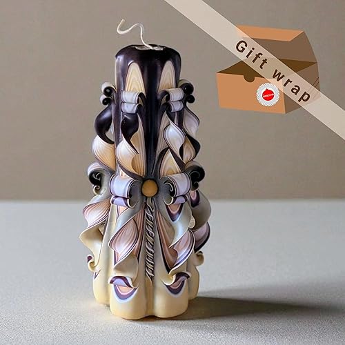 Miniatura 6 de Vela de pilar tallada a mano marrón beige de 8.27 pulgadas Vela decorativa hecha a mano para mesa de café, chimenea o sala de estar Regalo