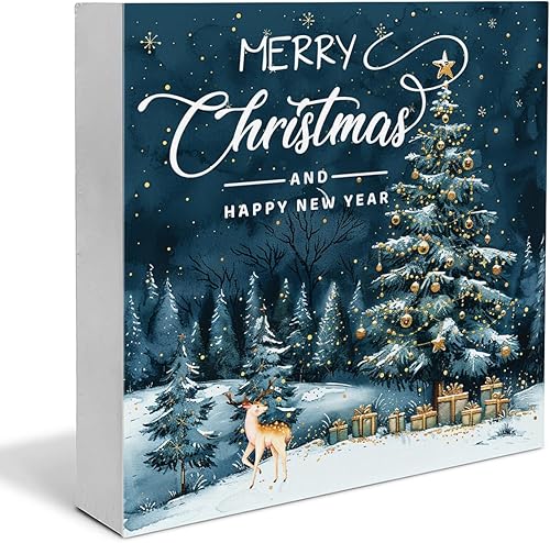 Miniatura 14 de Letrero rústico de madera con texto en inglés «Merry Christmas», decoración navideña estilo granja para mesa o estante, 5 x 5 pulgadas