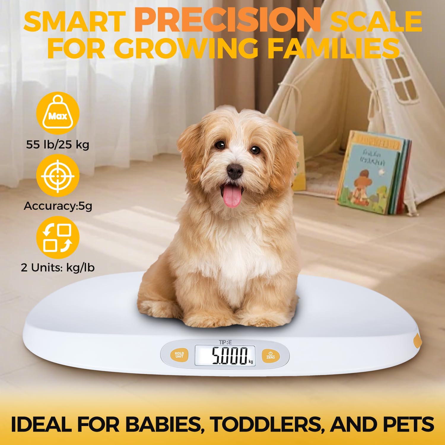 baby scale for weighing, 55 lb/0.01 lb digital infant scale for weighted feeds with height measuring tape weight comparison hold function, pet scale for cats/dogs, lcd display, large platform