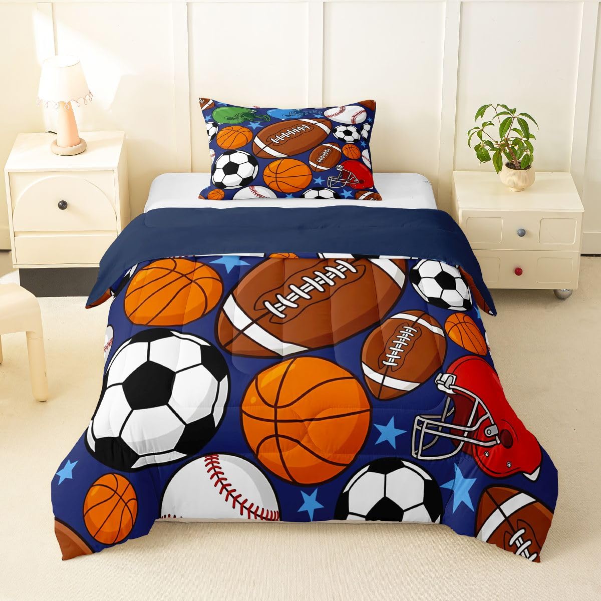 Feelyou Football Comforter Set All Season Basketball Sports Bedding Set with 1 Pillow Cases Baseball Gaming Microfiber Kids Toddler Bedclothes Bedroom Decor Duvet Quilt Breathable Soft Lightweight