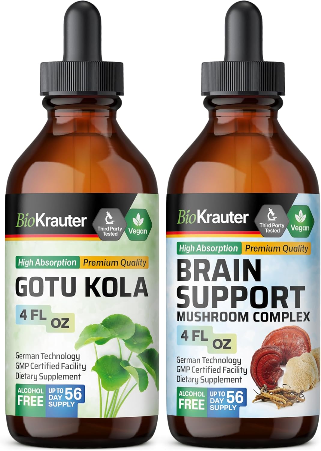 BIO KRAUTER Gotu Kola Tincture 4 Fl. Oz. & Brain Support Mushroom Tincture 4 Fl. Oz.