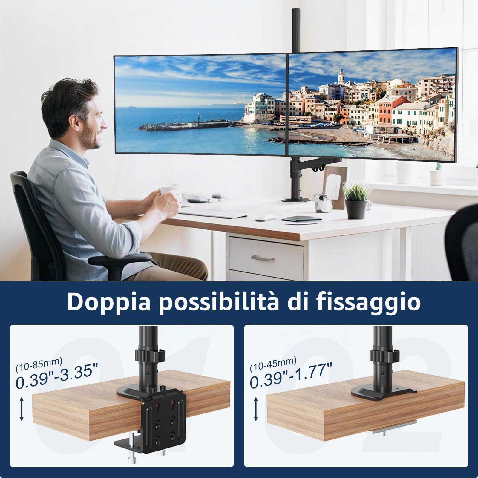 Supporto per monitor impilato, per schermi da 17 a 40 pollici, 12 kg per braccio | Supporto per monitor verticale extra alto, completamente regolabile, VESA 75/100 mm